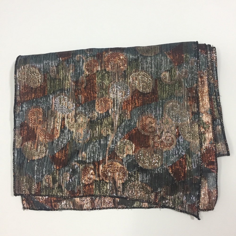 Vintage Scarf Metallic Silver Gold Copper Black Warm Fall Colors - Picture 8 of 13